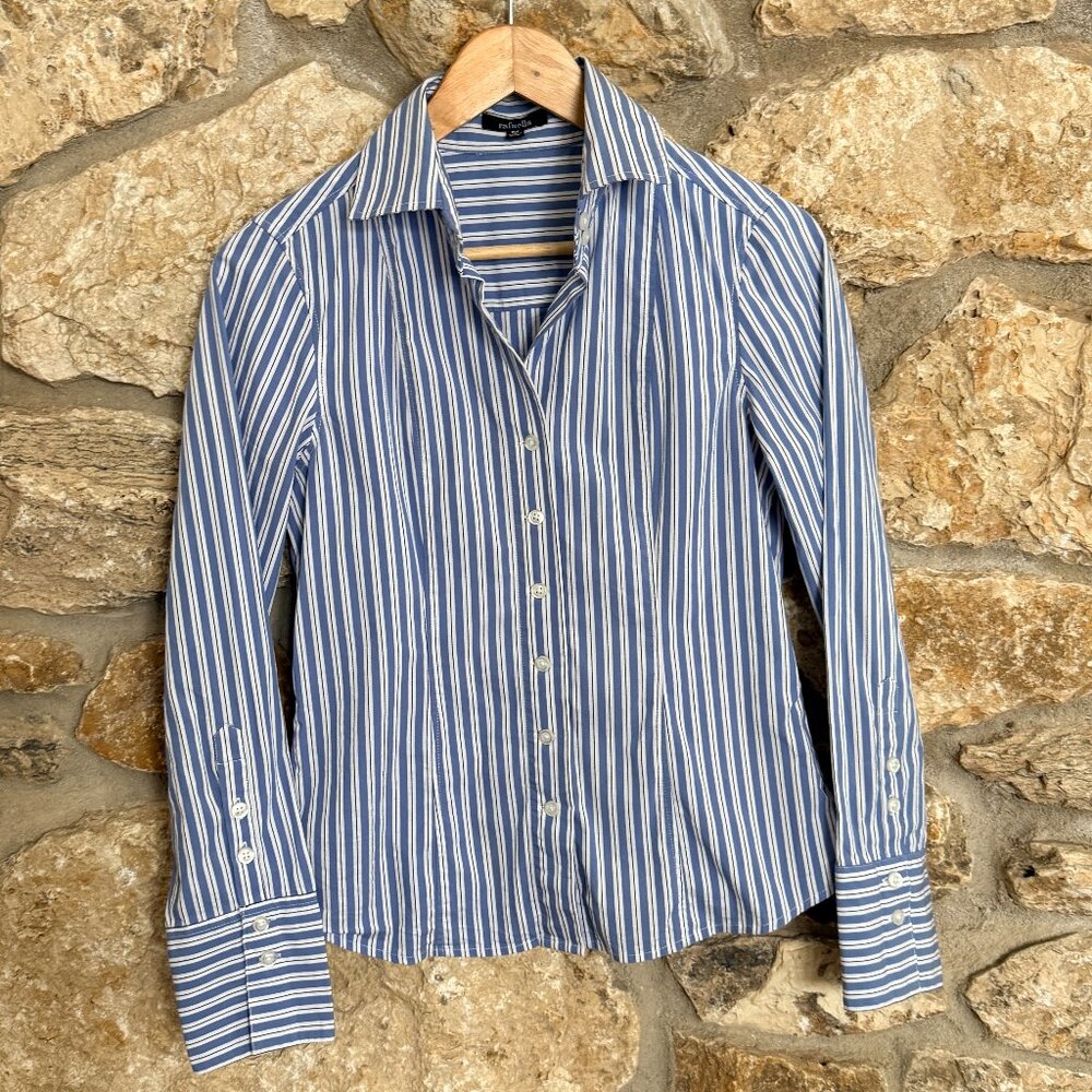 Blue and White Stripe w Black Accent Womens Button Down Long Sleeve Shirt sz. M